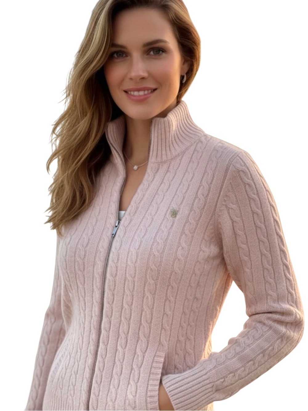 Ralph Lauren  100% Cashmere Cable-Knit Zip Cardigan - Pale Pink Size XS